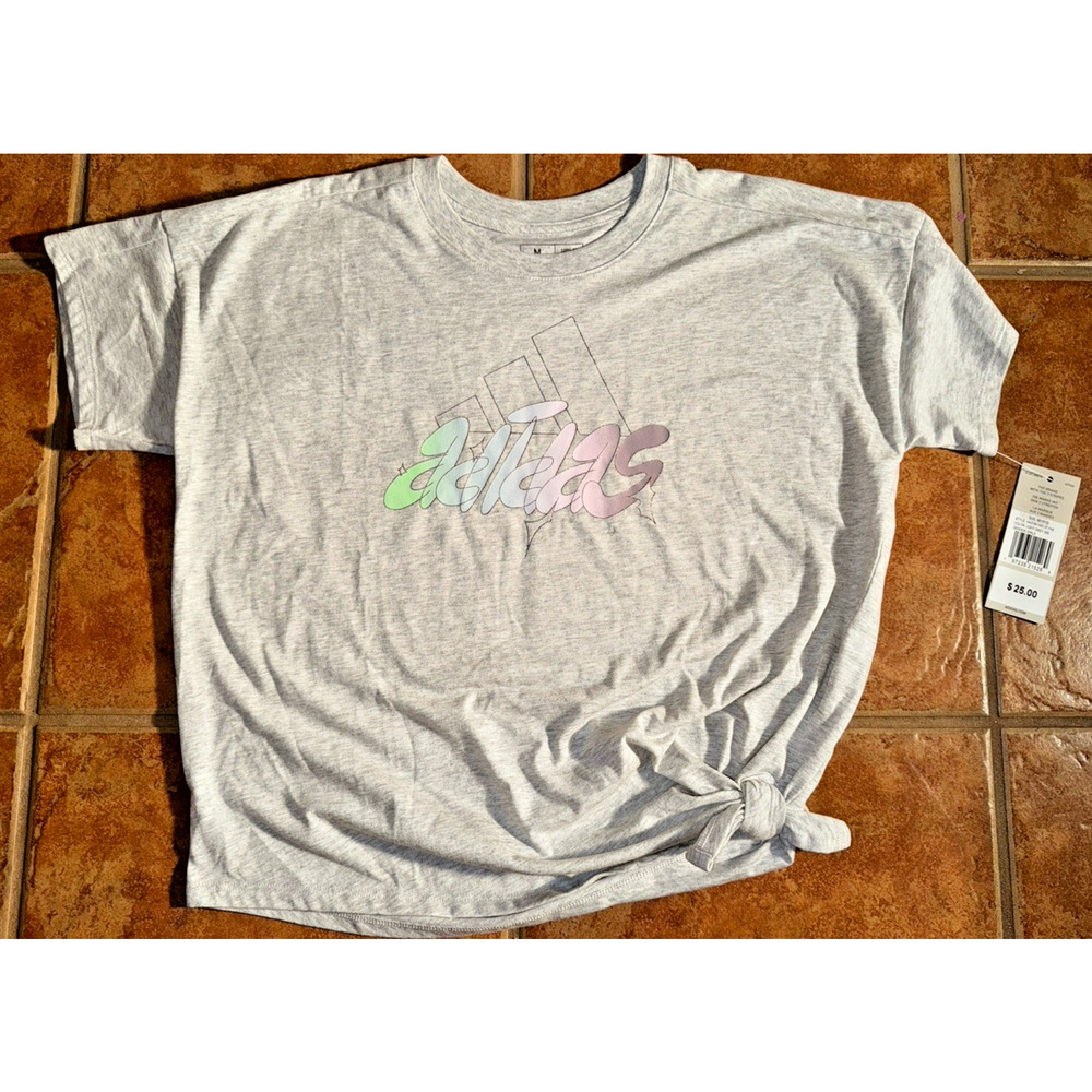 Adidas Gray Big Girl Graphic T-shirt With Side Knot Bow Size M 10/12